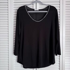 Vince Contrast Neck Fringe Pullover Semi Sheer 3/4 Sleeve Top Black Size Large